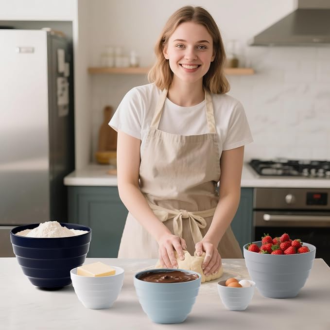 TP Mixing Bowls with Lids, 10-Piece Nesting Melamine Bowls Set for Prepping Serving Baking Cooking, Non Slip Bottom, Set of 5, Blue and White - Image 5