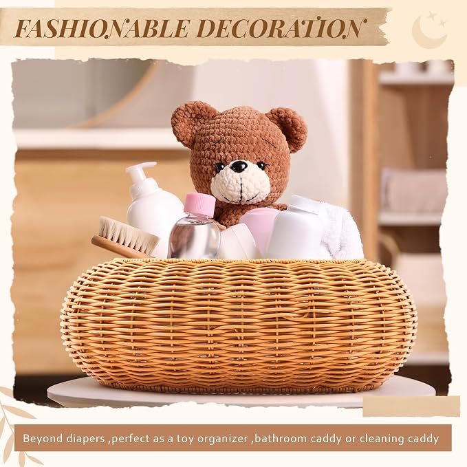 2 Pcs Scalloped Rattan Baskets, Baby Diaper Caddy, Imitation Woven Rattan Wicker Storage Baskets Plastic with Lid for Nursery Storage Organizer Bathroom Decor (Dark Brown,Small,Medium) - Image 6
