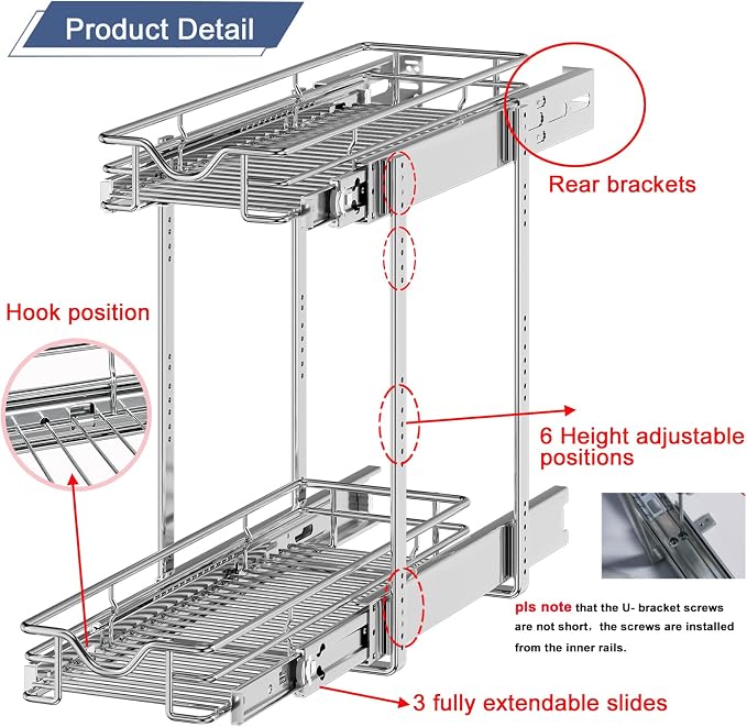 DINDON Pull Out Cabinet Organizer (7-1/2" W x 21-1/2"D), Cabinet Pull Out Shelves, 2 Tier Pull Out Drawers for Kitchen Cabinets, Wire Basket Slide Out Shelf for Cabinet Organization - Image 6