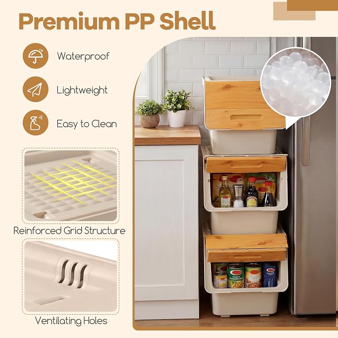 GIANTEX 3 Pack Plastic Stackable Storage Bins with Lids & Wheels, 35 QT | Open Front Stacking Bins, Organizer Bins for Pantry, Kitchen, Laundry, Closet, Playroom, Bedroom Organization - Image 7
