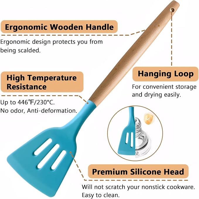 Kitchen Utensils Set 6-Piece Non-Stick Silicone Cooking Utensils Set, Wood Handle Heat Resistant Spatula Spoon Turner Ladle Pasta Server Cooking Kitchen Gadgets BPA Free for Nonstick Cookware - Image 2