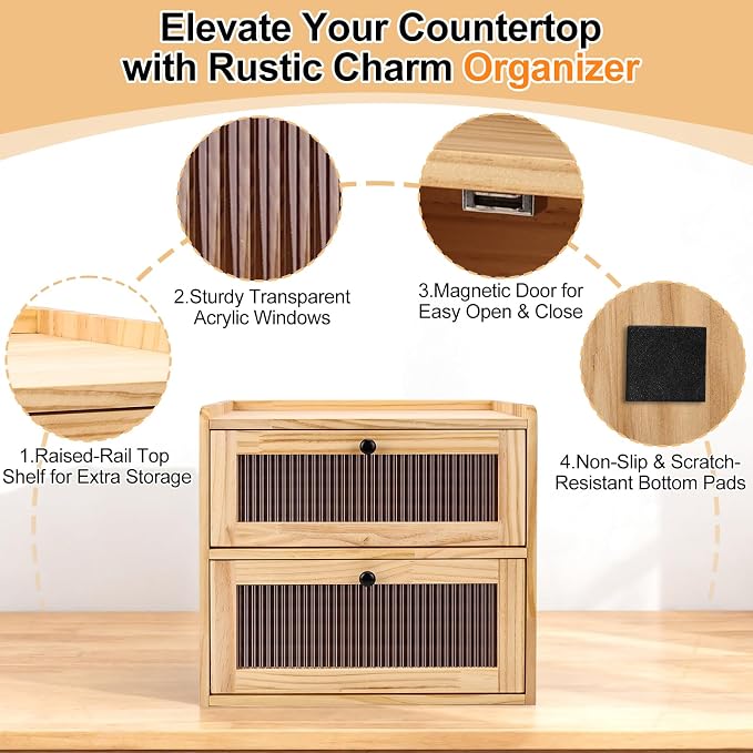 Alpeir Wooden Bread Box for Kitchen Countertop, Large Double Layer, Nature | Food-Safe Pine Wood, Double-Row Ventilation, Strong Acrylic Window, Raised Top Shelf, Easy Care, Farmhouse Corner Container - Image 7