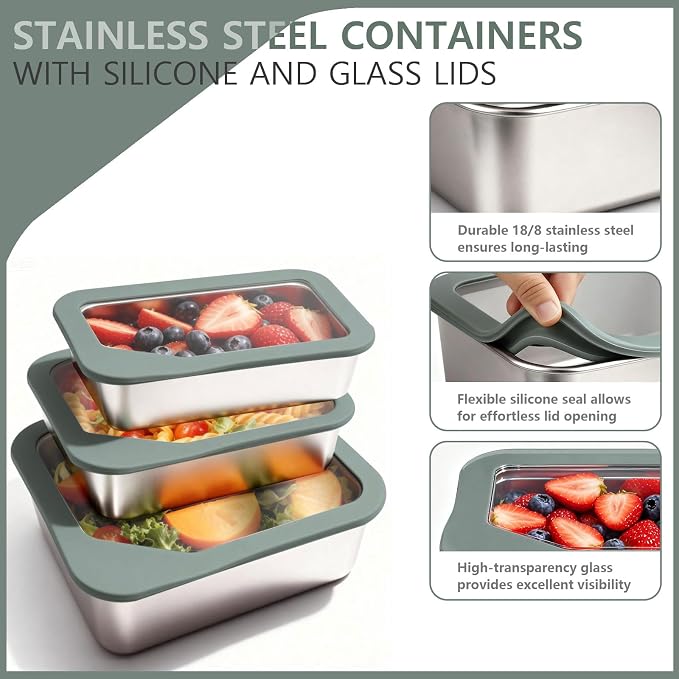 Greentainer Stainless Steel Food Storage Containers with Lids, Set of 3 (24+44+74 oz), Leak-Proof & Airtight Meal Prep Container, Nested Reusable Lunch Boxes for Sandwiches, Snacks & Leftovers - Image 5