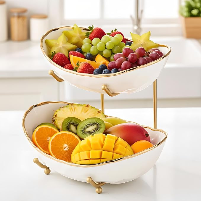 White Fruit Bowl with Gold Metal Stand, 2 Tier Modern Ceramic Fruit Bowl Fruit Rack for Kitchen Counter, Tiered Fruit Basket for Snacks Bread Candy Storage (White A,2 Tier) - Image 5
