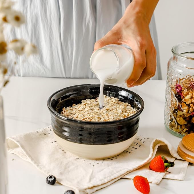 HASENSE Ceramic Cereal & Soup Bowls Set of 6, 20 Oz Black & Beige Stackable Stoneware Bowls, Farmhouse Bowls for Ramen, Salad, Oatmeal & Rice, Dishwasher & Microwave Safe - Image 4