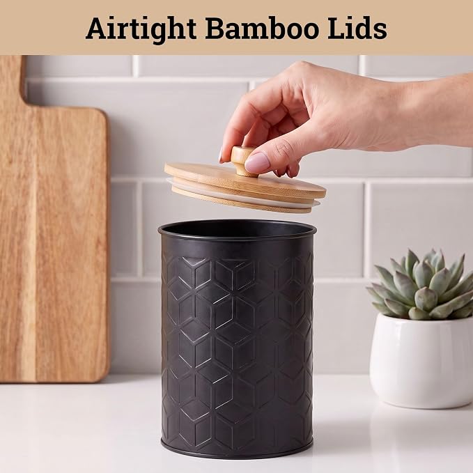 Kitchen Canisters for Countertop Set of 4, Textured Iron w/ Airtight Lids | Airtight Easy Open Bamboo Lids - Dent-Resistant Thick Metal - Sturdy Comfortable Bamboo Handles - Raised Textured Pattern - Image 4