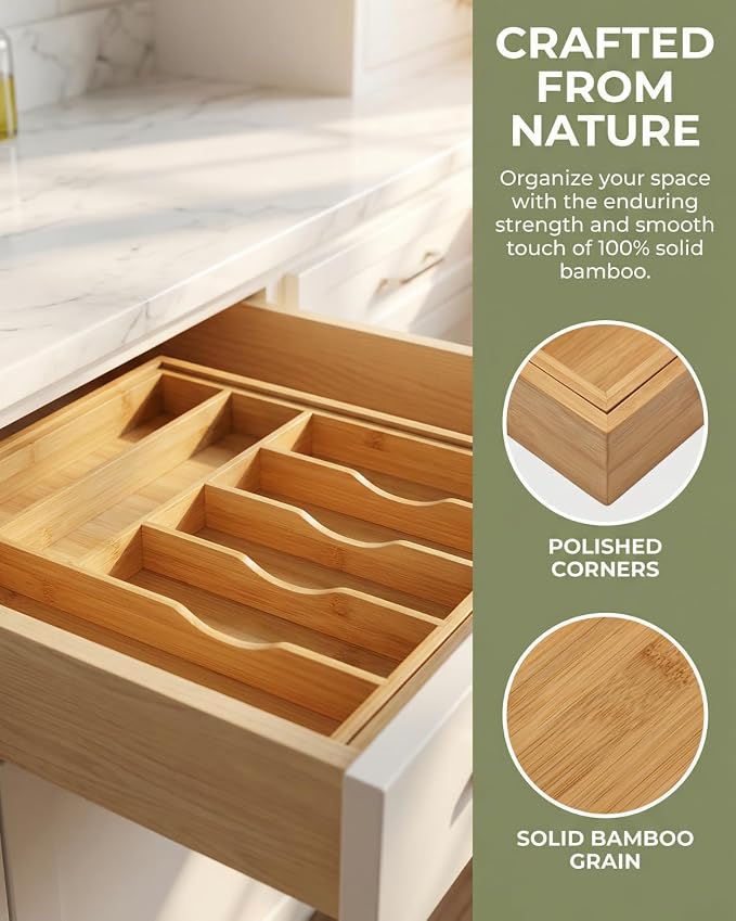 Expandable Bamboo Silverware Drawer Organizer, 5-7 Compartments | Expands to Fit Most Drawers, 5-7 Compartments, Dual-Zone Storage for Flatware and Large Utensils - Image 4