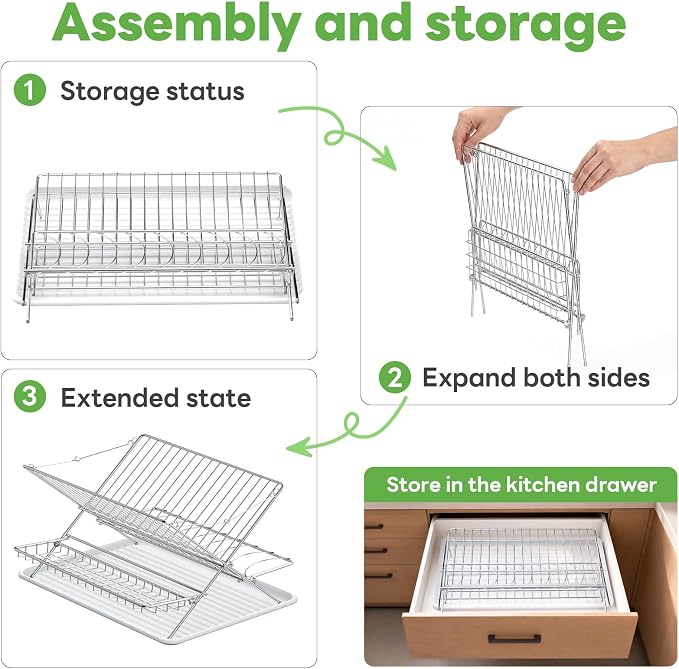 Stainless Steel Foldable Dish Drying Rack, 3 Tier Large Capacity Collapsible Folding Dish Drainer with Drainboard for Kitchen Counter (Upgraded) - Image 4