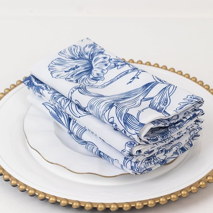 Efavormart Premium 5-Pack French Toile Cloth Napkins – 17"x17" Blue and White Reusable Polyester Table Napkins in Floral Design for Events & Dining by efavormart
