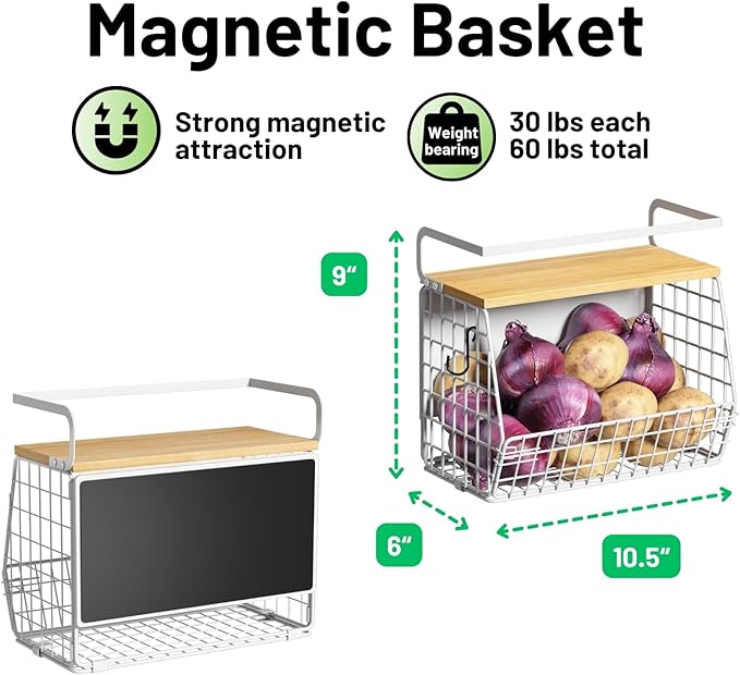Magnetic Shelf for Fridge with Wood Lid, Fruit Potato and Onion Storage Bins, Pantry Organizers & Storage, Large Container Magnetic Spice Rack for Refrigerator, Kitchen Counter (White, 1) - Image 5