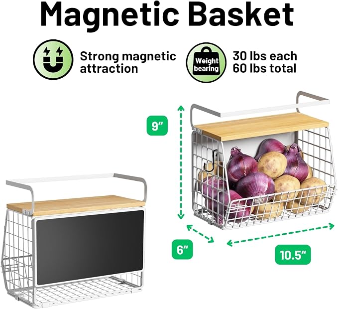 Magnetic Shelf for Fridge with Wood Lid, Fruit Potato and Onion Storage Bins, Pantry Organizers & Storage, Large Container Magnetic Spice Rack for Refrigerator, Kitchen Counter (White, 2) - Image 5