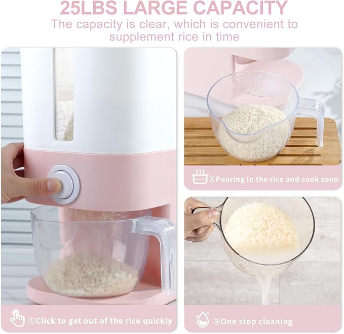 Rubtlamp 22.5-25 Lbs Pink Rice Dispenser, Rice Storage Container, Pink Rice Storage Container with Measuring Cup, Rice Holder Bucket for Household Kitchen Rice Soybean Corn - Image 3