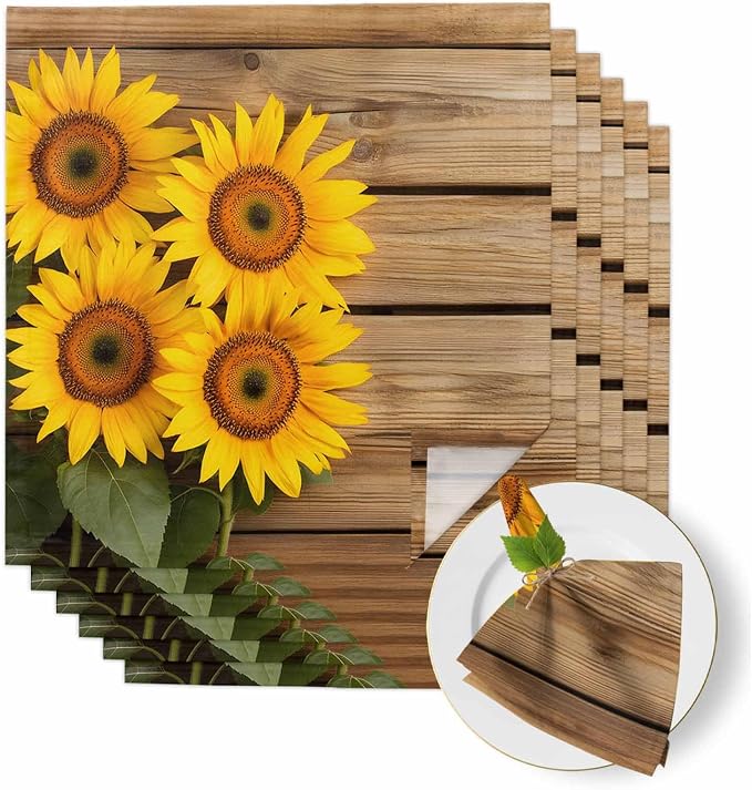 Pastoral Cloth Napkins Set of 6 Sunflowers Wood Grain Texture Rustic Vintage Soft Washable Square Dinner Napkins for Party Wedding Restaurant Hotel Cocktail 20x20 Inch by Unknown