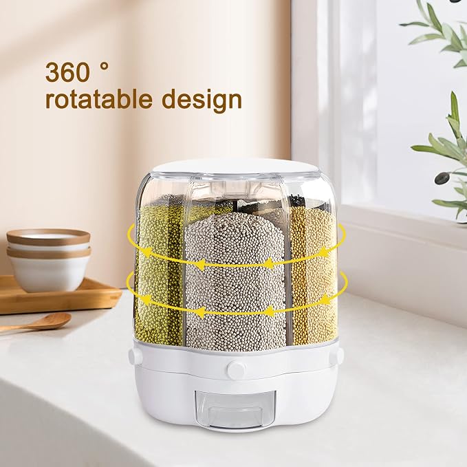 360° Rotating Grain Dispenser with 6 Grids, 27lbs Large Capacity Grain Dispenser Rotating Kitchen Storage Containers With Sealed Lid for Cereals, Oatmeal and Candy - Image 7