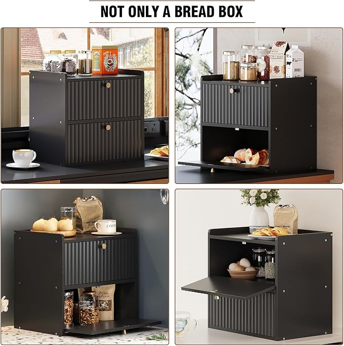 Trironsun Rustic Bread Box for Kitchen Countertop Bamboo Bread Storage Container Bin Double Layer BreadBox Farmhouse Large Capacity Food Organizer Black - Image 7