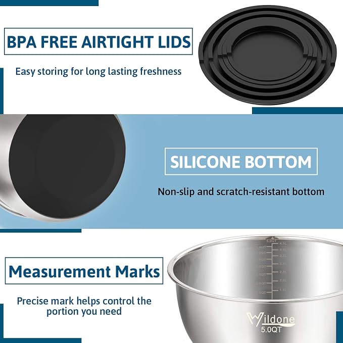 Wildone Mixing Bowls with Lids Set, Stainless Steel Mixing Bowls Set of 5 | Large Prep Metal Bowl Set with Non-slip Bottoms, Size 8, 5, 3, 2, 1.5 QT, Airtight Lids, Thicker Stainless Steel - Image 2