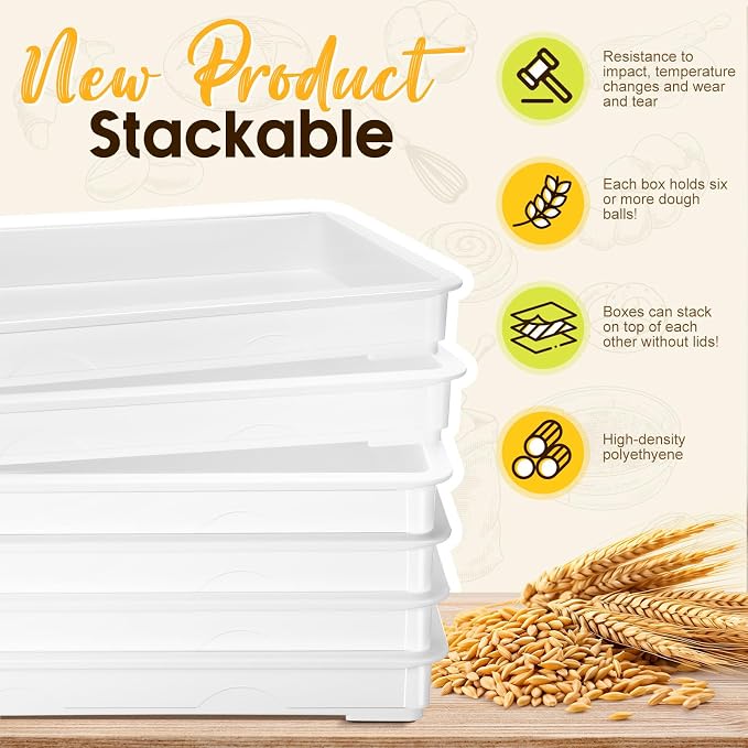 Tioncy 6 Pack White Pizza Dough Proofing Box Tray with Lid 22.44" x 15" x 2.8" Stackable Dough Proofing Containers for Pizza Bread Resistance to Impact Temperature Changes Commercial Family Use - Image 5