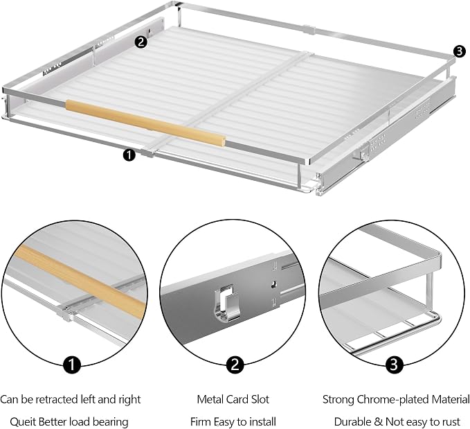 SANNO Pull Out Cabinet Organizer, Cabinet Slide Out Shelf, Pots Pans Organizers Shelves with Sliding for Cupboard Pantry Under Sink Closet, Expandable Width 17.1to 27" W x 22.5" D - Image 8