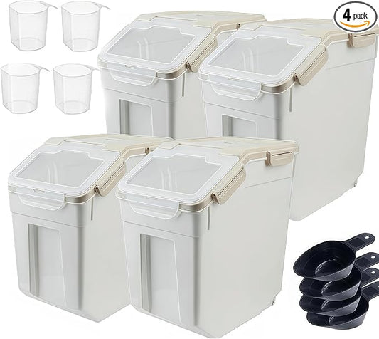RUIAN 25lb Flour Rice Storage Containers Bin, Large Airtight Storage Container with Wheels Seal Locking Lid, with Measuring Cup&Scoop for Flour, Rice, Grain(Gray 4PCS) by RUIAN