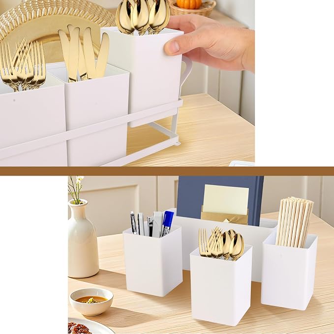 Silverware Caddy Metal Utensil Holder for Party Countertop Silverware Utensil Caddy Cutlery Flatware Organizer for Spoons Forks Plates Napkins White - Image 4