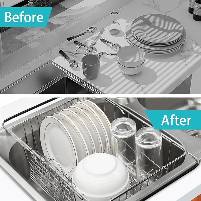 Sink Dish Drainer Rack, Expandable Stainless Steel Dish Drying Rack | 304 Stainless Steel Sink Rack with Utensil Holder, Adjustable 14.96"-20.59", Fits Inside Sink, Holds Up to 7 Upright Utensils - Image 6