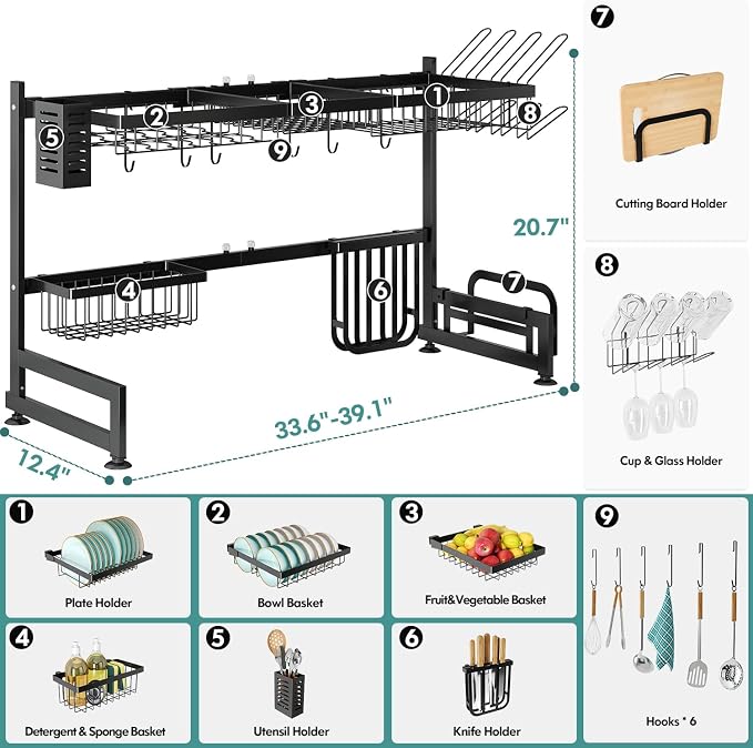 2 Tier Extra Large Stainless Steel Over The Sink Dish Drying Rack | Rust Proof Metal, Expandable Kitchen Sink Drainer, Counter Space Saving, Heavy Duty, Modern Black, Multifunctional Storage - Image 6