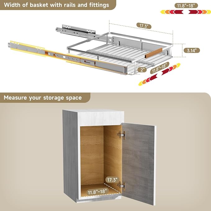 11.8~18"x17.3" Pull Out Cabinet Organizer，2Pack Expandable Sliding Cabinet Shelves，Side Mounting - Image 2