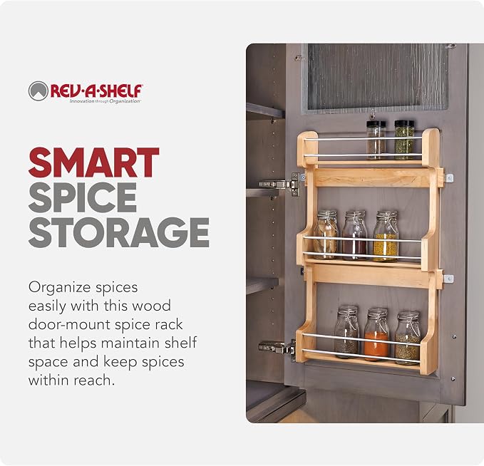Rev-A-Shelf 18" 3 Tiered Pull Out Shelf Organizer for Kitchen Cabinets, Pantry Storage Spice Seasoning Rack, Door/Wall Mounted, Maple Wood, 4SR-18 - Image 3