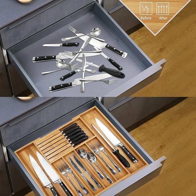 VaeFae Bamboo Silverware Drawer Organizer, 7 Slots, Natural | Expandable Cutlery and Utensil Holder for Silverware, Removable Knife Dividers, 43 cm D x 32-55 cm W, 5-7 Slots, Natural - Image 5