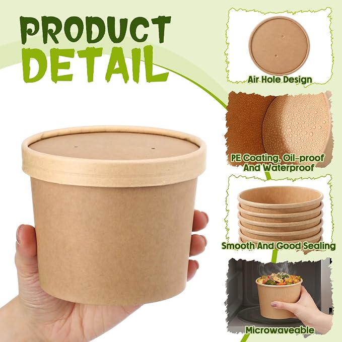 Fulmoon 100 Pack Paper Soup Containers with Lids Disposable Paper Food Containers with Vented Lid Kraft Ice Cream Cake Dessert Cups Soup Bowl for Party Hot Food Fruit Microwave(20 oz,Brown) - Image 3