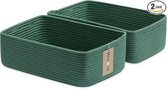 MiniArk Large Shallow Organizing Baskets 15x11x5.1 Inches - Rope Woven Storage Bins for Bathroom, Shelves, Cube Closet, Green 2 Packs by MiniArkStorageBasketsHome