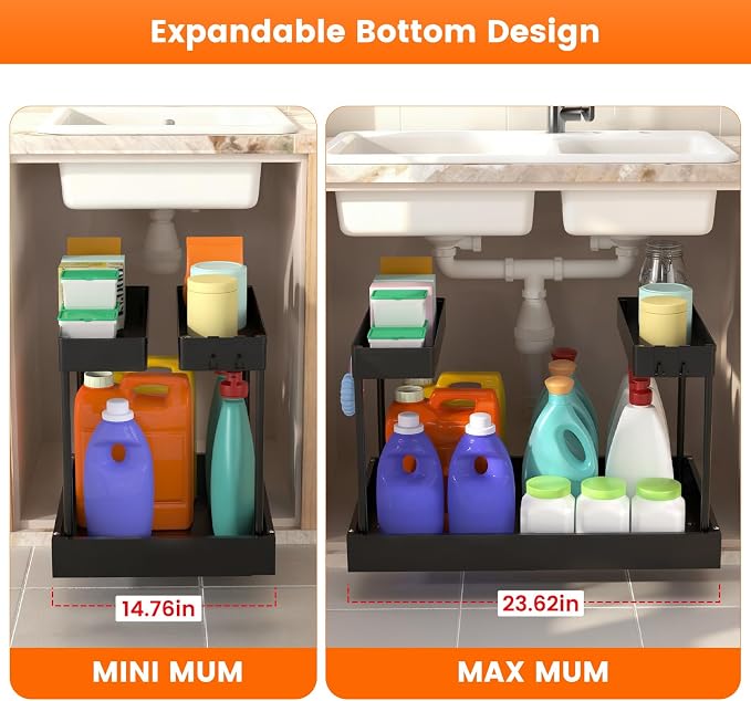 Expandable Under Sink Organizers and Storage,Width Adjustable (14.9-23.6IN),No Drill 2-Tier Pull Out Under Cabinet Organizer for Kitchen Bathroom Laundry (black) - Image 3