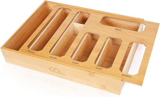 Bamboo Ziplock Bag Organizer for Kitchen Drawer & Wall Mount, Food Storage Baggie Holder, Fits Gallon Quart Sandwich Snack Freezer & Slider Bags, No Assembly, 6 in 1,Natural Color by BOHOMDEC
