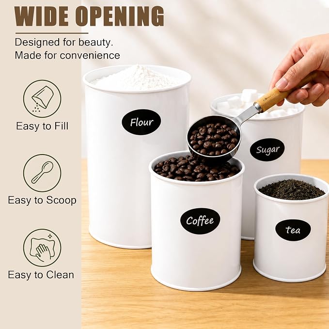 Kitchen Canister Set of 4 Airtight Metal Containers with Bamboo Lids, White | Flour sugar coffee tea canisters set with bamboo lids, customizable chalkboard labels & marker pen - Image 6