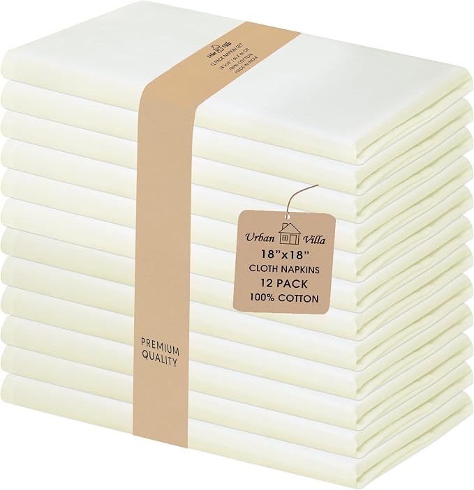 Urban Villa Cloth Napkins Ivory Dinner 100% Cotton 18x18 Inches (Set of 12) by CottonTrends
