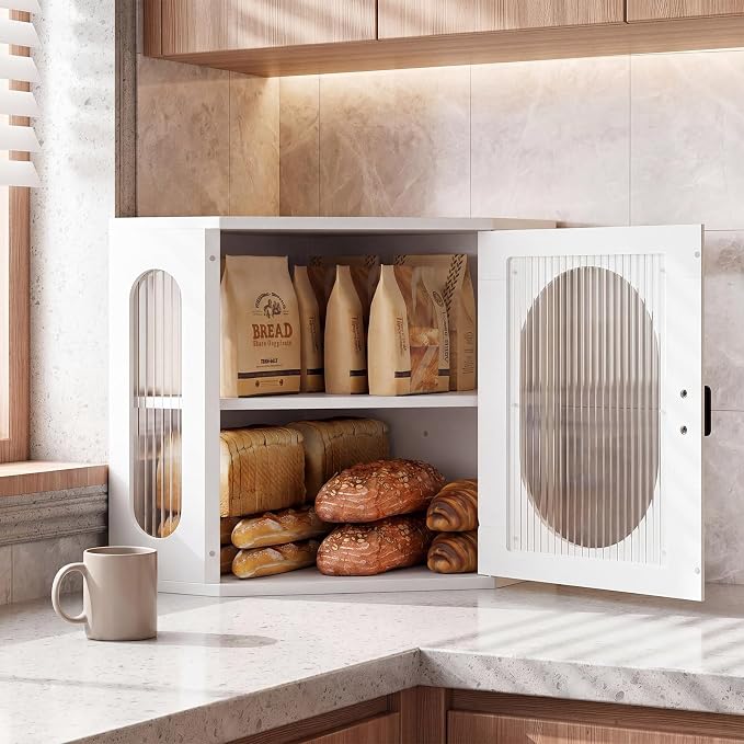 Alpeir Corner Bread Box for Kitchen Countertop, 3 Adjustable Height, White | Solid Pine Wood, Hold 2 Loaves, Strong Acrylic Window, Easily Care, Farmhouse Pantry Container for Home Baker, Family of 4 - Image 2