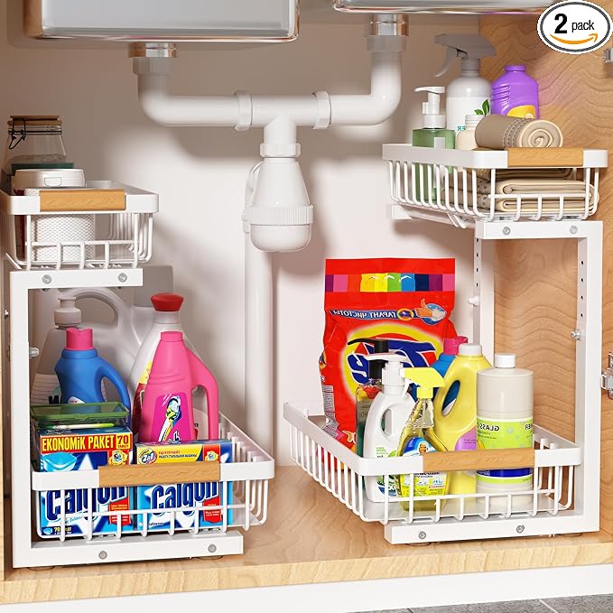 Liuoud Under Sink Organizer 2 Pack, 2 Tier Slide Out Large Capacity Height Adjustable Under Sink Organizers and Storage for Kitchen Bathroom Cabinet, White by Liuoud