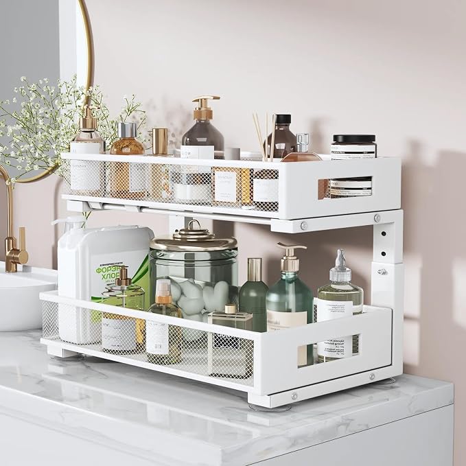 2 Packs 19IN Depth Under Sink Organizer, 2-Tier Pull Out Cabinet Organizer With Smooth Circular Rail, Large Capacity Metal Mesh Sliding Drawers For Bathroom& Kitchen Storage,Height Adjustable –White - Image 6