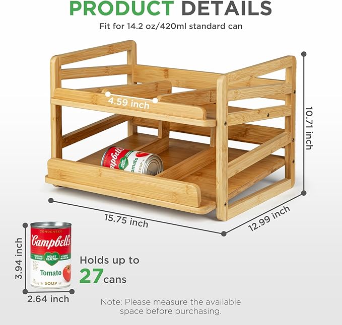 2 Tier Bamboo Rolling Can Rack Organizer for Pantry Up To 27 Cans | Stackable Canned Food Organizer Rack for Storage, Kitchen Cabinet, Can Holders Dispensers for Pantry - Image 2