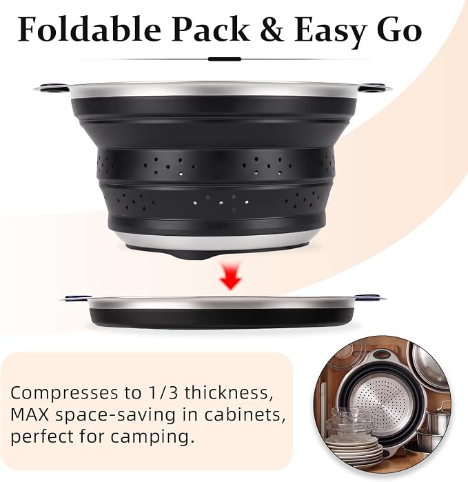 Collapsible Colander Set with Silicone Mat,2-in-1 Stainless Steel Colander for Kitchen, Foldable Metal Colander, Space-Saving for Pasta Veggies Fruit(Black) - Image 7