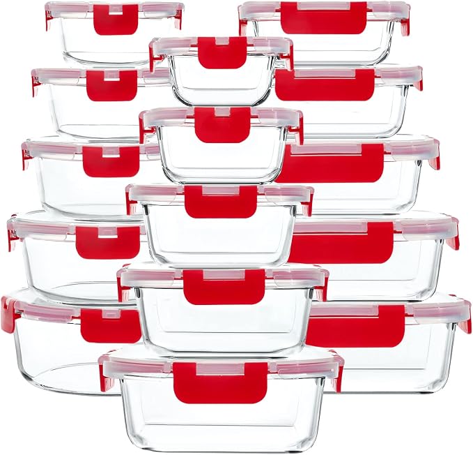M MCIRCO 30 Pieces Glass Food Storage Containers with Upgraded Snap Locking Lids,Glass Meal Prep Containers Set - Airtight Lunch Containers, Microwave, Oven, Freezer and Dishwasher Friendly, Red by MMCIRCO