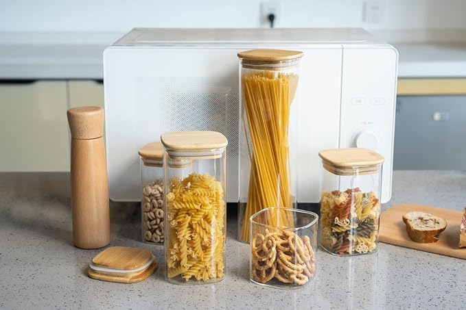 Glass Food Storage Jars,Spaghetti Pasta Storage Container,Borosilcate Glass Canister Set with Eco-Friendly Bamboo Lids for Noodles Flour Cereal Coffee Beans - 10 pc set - Image 3