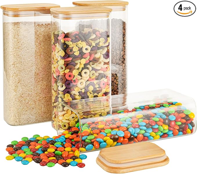D2scrma 64oz Rectangle Airtight Glass Storage Containers with Bamboo Lids (Set of 4), Square Food Storage Jar, Pantry Organizers for Cereal, Flour, Pasta and Coffee beans (‎with Black Lable) by Delicatedtoservicecustomer