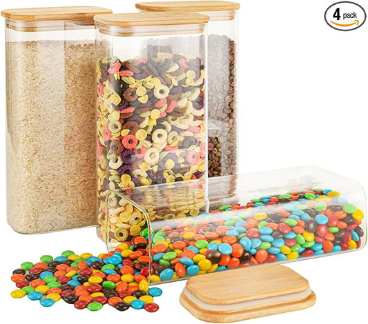 D2scrma 64oz Rectangle Airtight Glass Storage Containers with Bamboo Lids (Set of 4), Square Food Storage Jar, Pantry Organizers for Cereal, Flour, Pasta and Coffee beans (‎with Black Lable) by Delicatedtoservicecustomer