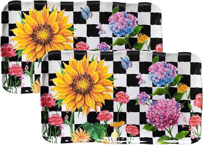 LEHAHA Rectangular Melamine Sunflower Serving Tray, 2-Piece Hydrangea Serving Platter Set, 17.5" x 10" Colorful Trays/Platters Sets for Outdoor and Indoor Dining and Entertaining Parties,Black Plaid by LEHAHA