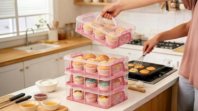 Cupcake Carrier Stackable Storage Container Collapsible Cake Carrier with Lid and Handle, with 50 PCS Cupcake liners,Reusable Plastic Dessert Travel Container,Transport Box (48 Cupcakes Pink) - Image 3