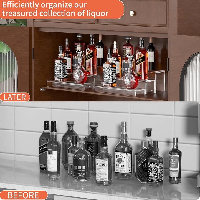 JUESHA 2 Pack Tiers Bar Shelves for Liquor Bottles (Patent: D1076520S) | 15" Clear Acrylic Risers Display Racks Stands for Figures Pops Cupcake Perfume Collections (Clear) - Image 7