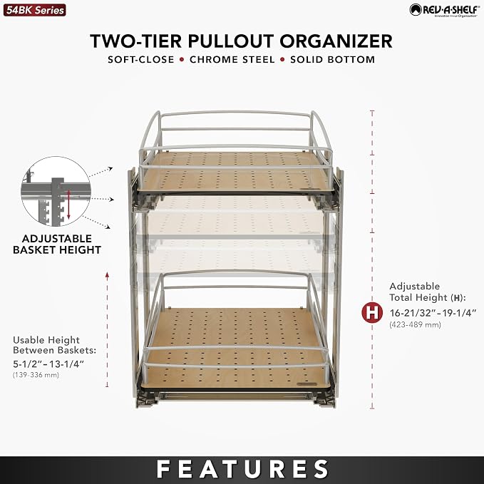 Rev-A-Shelf 2 Tier Pull Out Kitchen Cabinet Storage Organizer with Solid Bottom & Undermount Soft-Close Full Extension Slides, Min Opening Width of 14", 54BK-15SC-2-1 - Image 5