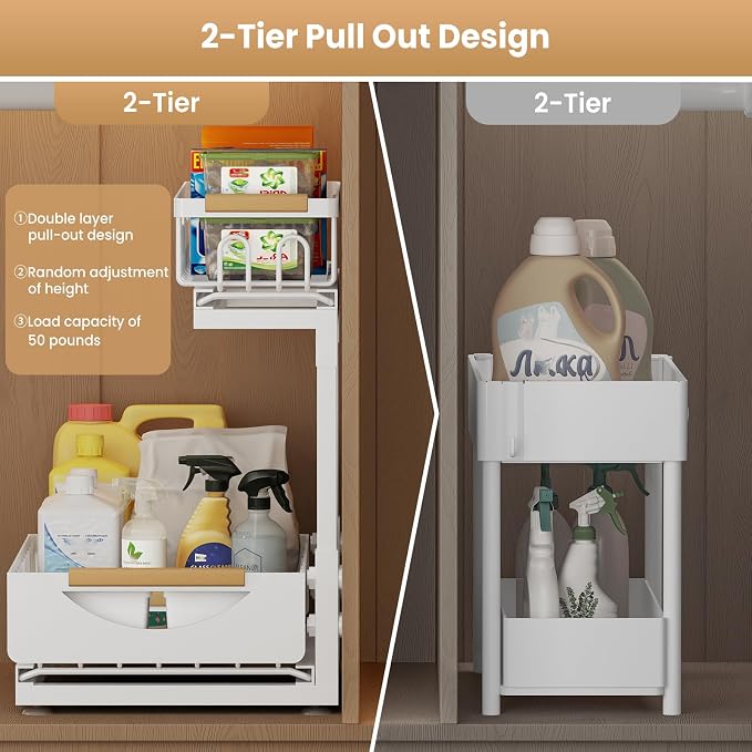 Under Sink Organizer and Storage 2 Tier Cabinet Pull Out Shelf Organizers | 2 Pack 2 Tier under sink storage for Bathroom and Kitchen Slide Out Drawer Organization for Home Cabinets Shelves and Drawers - Image 4