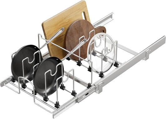 Pull Out Pots and Pans Organizer Under Cabinet, Sliding Adjustable Pot Rack with 11 Adjustable Dividers, Chromeplating Pot and Pan Holder Rack, Full-Extension Rail 15" W X 22" D by STORKING